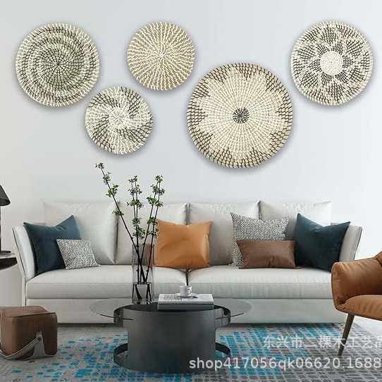 波西米亚草编圆形墙壁壁挂客厅墙面挂件海草手工编织墙壁挂饰