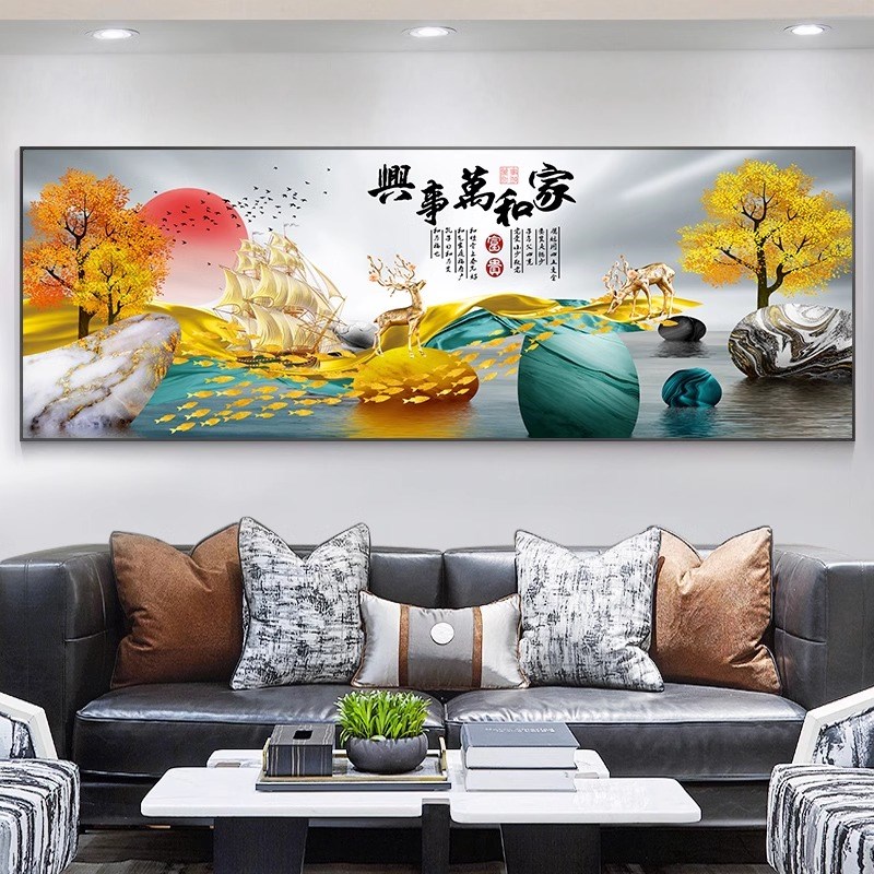 挂画客厅沙发背景墙装饰画温馨家庭山水有框油布晶瓷鹿画卧室壁画图片