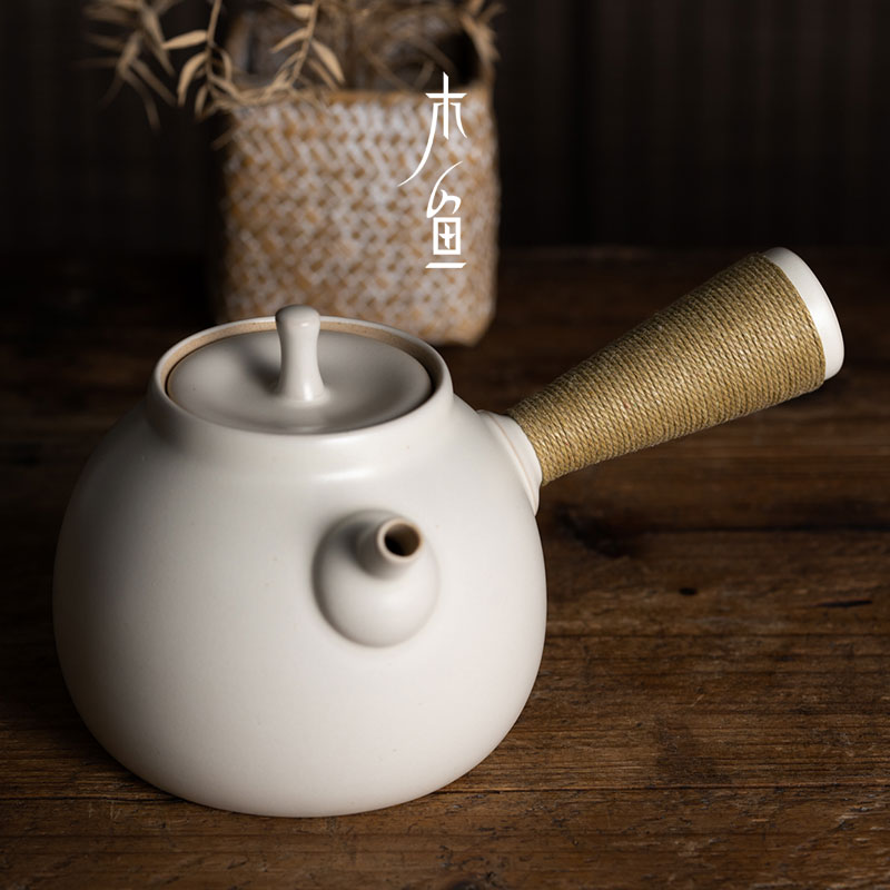 木鱼 苏打釉白泥粗陶侧把壶 小号陶瓷烧水壶电陶炉急须煮茶壶炭炉