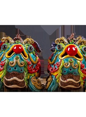 客厅陶瓷艺术品摆件纯手s工交趾陶彩陶镇宅僻邪七彩貔貅对狮子麒