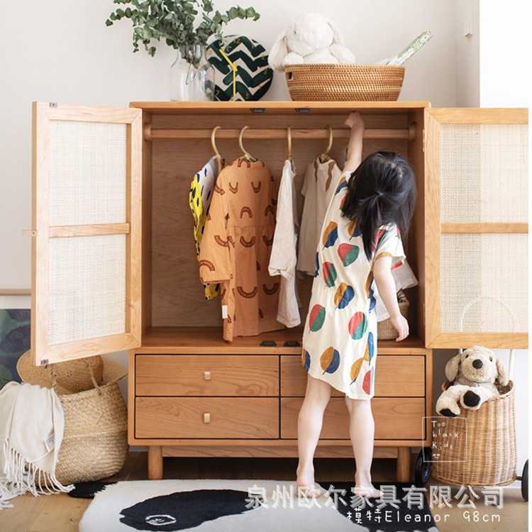 北欧实木儿童衣柜 家用卧室简约藤编门收纳柜日式双门组合小衣橱