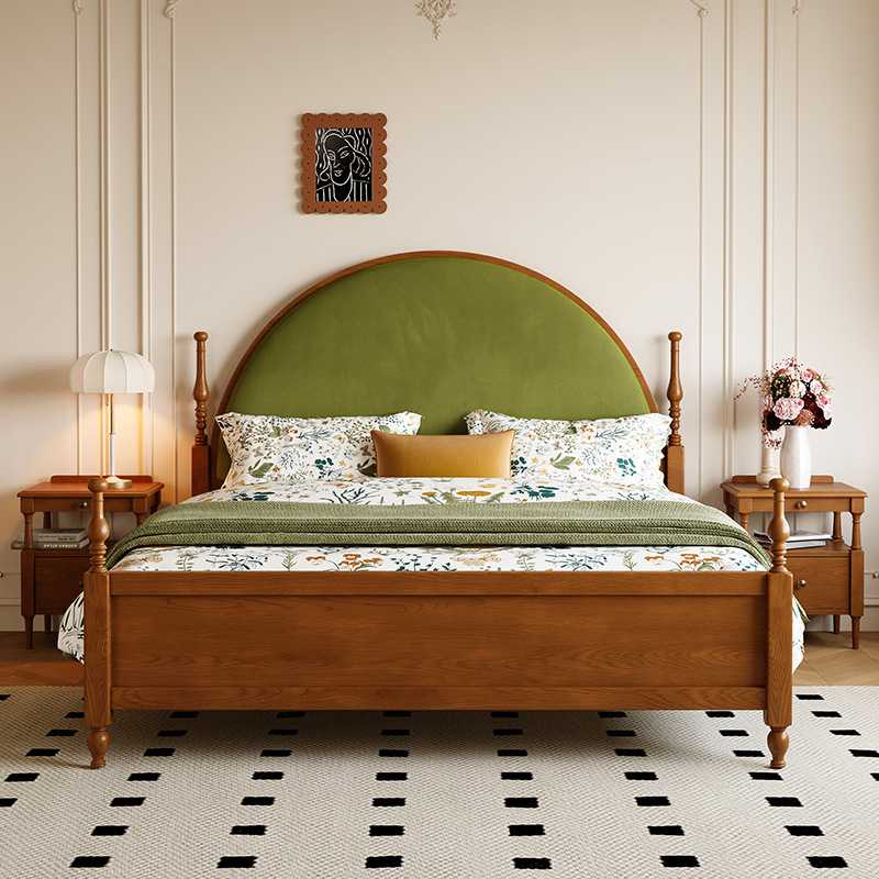 法式中古风1米8白蜡木小户型省空间全实木主卧双人床婚床2025新款
