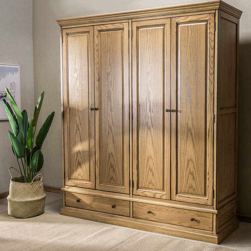 美式实木橡木衣柜四门双门三门对开门衣柜法式复古简约家用组合柜