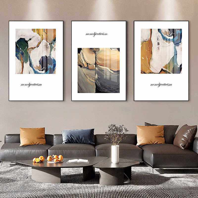 新款现代三联装饰画厂家 铝合金框烤瓷晶瓷画工艺几何抽象挂画