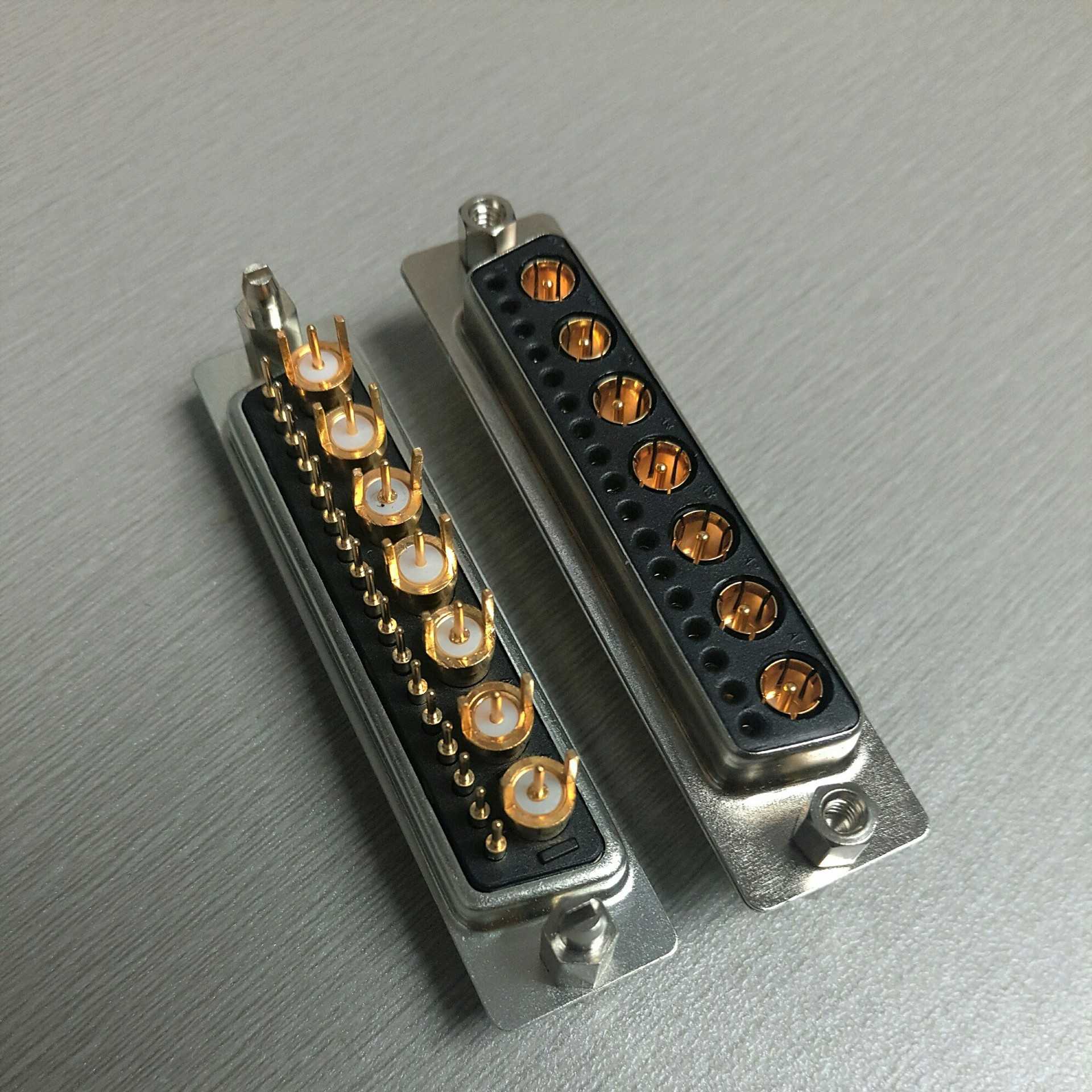 射频直插式24W7母座连接器 带鱼叉锁 端子镀全金 射频同轴母插头