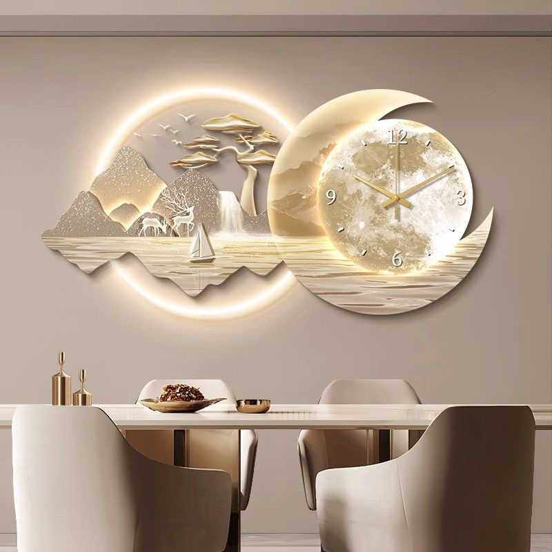 现代轻奢餐厅装饰画山水画高级感餐桌挂画简约时钟壁灯饭厅墙壁画