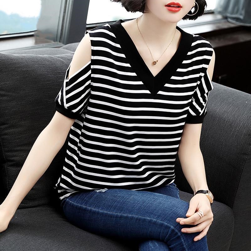黑白条纹袖短新款露肩v领衣上半袖C中年大码宽松恤t女夏季T口袋巾