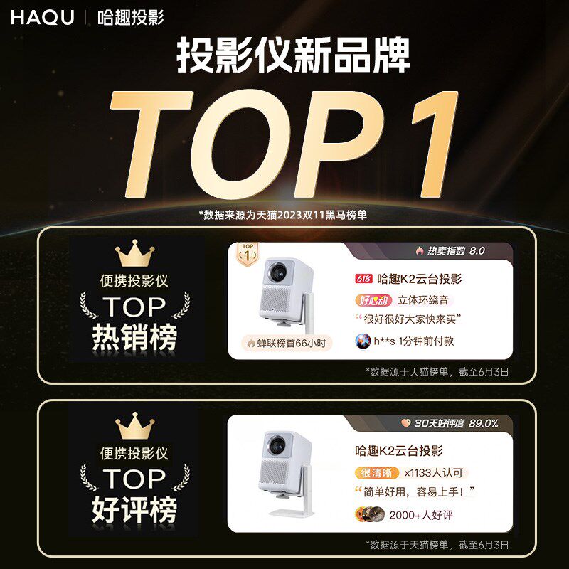 哈趣k2投影仪带云台可投天花板家用超高清卧室会议手机投屏无需幕