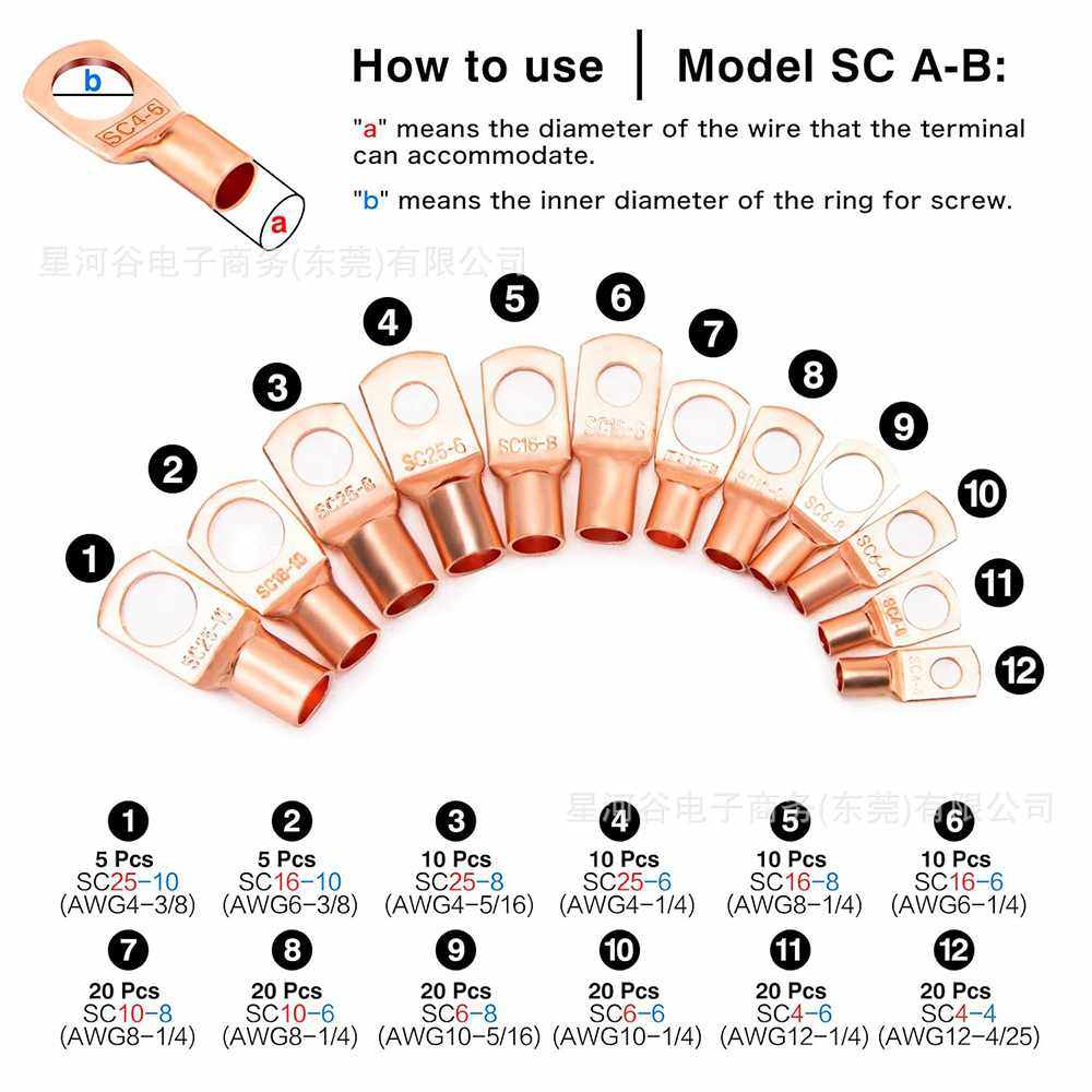 跨境 170pcs 线耳端头冷压线耳铜鼻子 线鼻子铜端子接线窥口套装