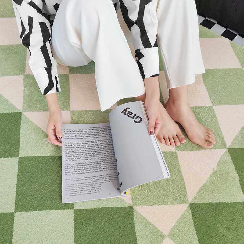 INS家用绿色仿羊绒地毯棋盘格民宿装饰地毯卧室客厅衣帽间防滑毯