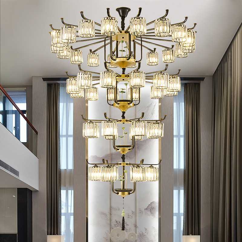 新中式复式楼别墅客厅大吊灯水晶轻奢现代楼梯楼中楼中空挑空灯具
