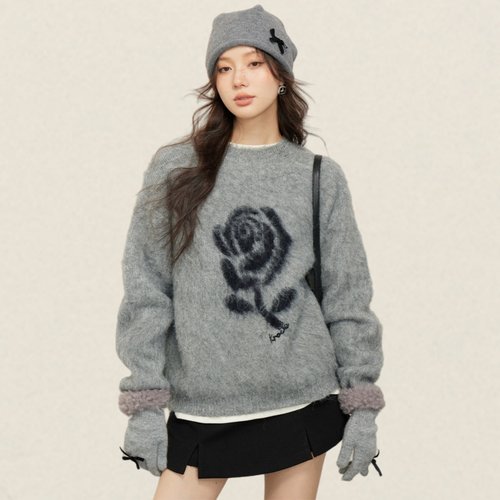 玫瑰提花宽松套头灰色毛衣针织衫