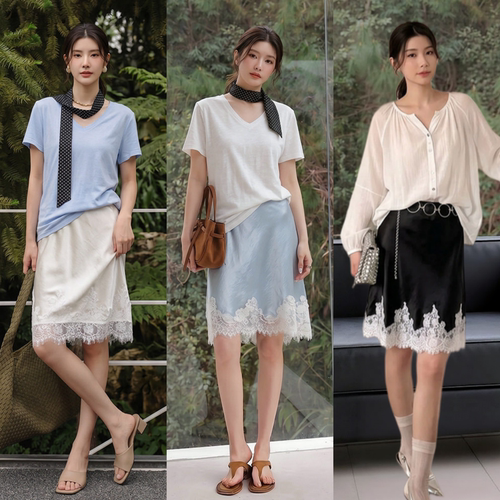 蕾丝拼接半身裙女春夏季高腰显瘦