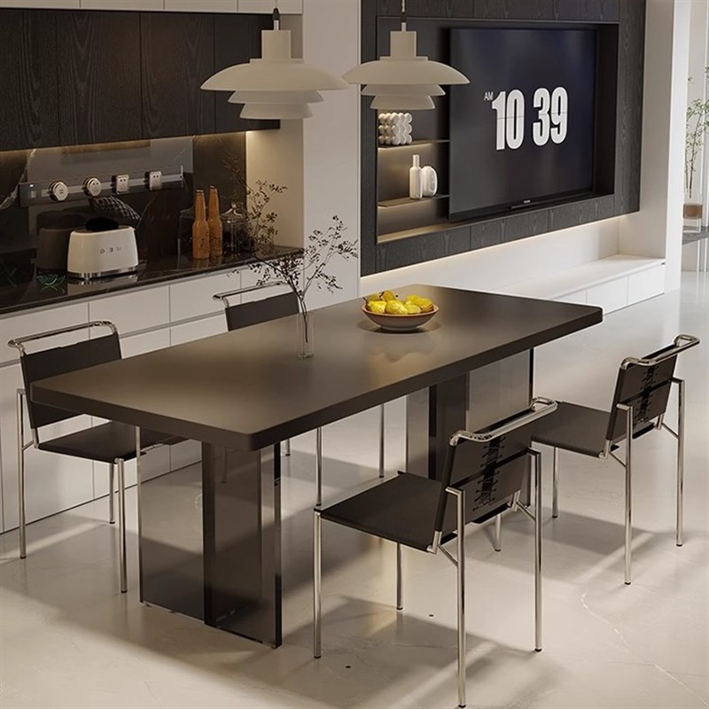 简约现代亚克力下挂黑色岩板悬浮餐桌椅组合小户型长方形复古风桌