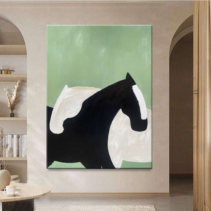手绘油画黑白骏马客厅玄关装饰画绿色抽象动物艺术餐厅儿童房挂画图片