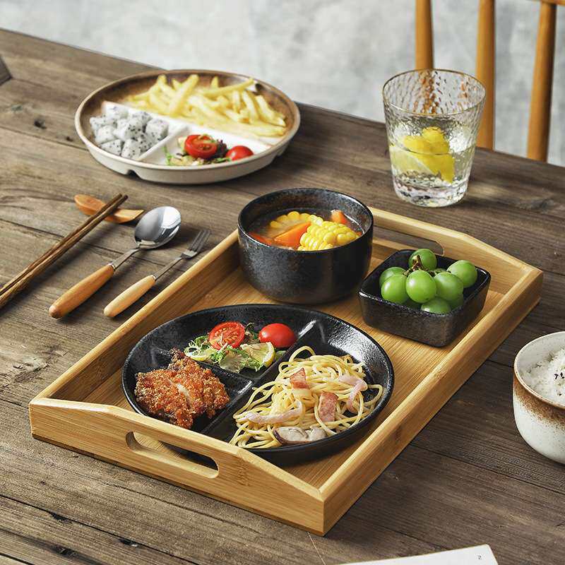 一人食早餐分格餐盘套装餐具快餐店饭盒餐盘带木托