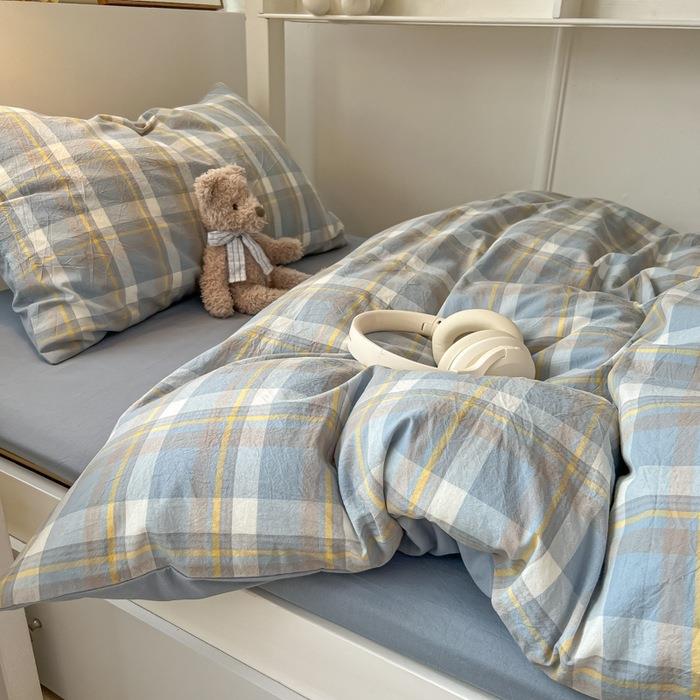 简约格子学生宿舍上下铺三件套水洗棉床上用品单人床单被套四件套