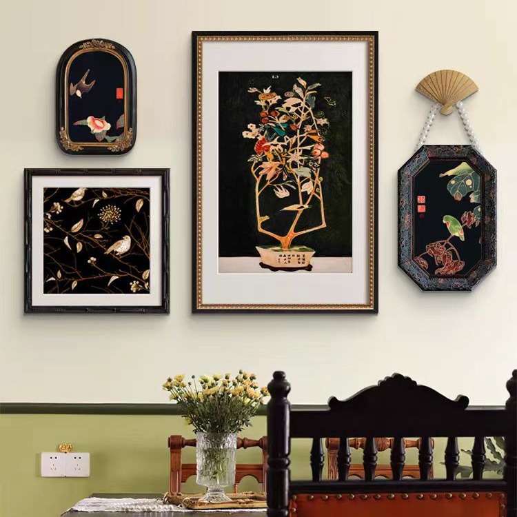 法式客厅装饰画中古黑色挂画壁炉组合小众贝壳壁画餐厅卧室床头画图片