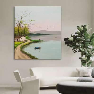 新中式田园风景纯手绘油画湖边山水装饰画客厅玄关挂画丙烯肌理画图片