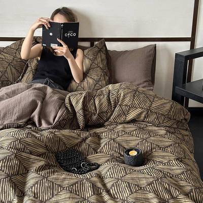 简约复古双层纱全棉四件套 双人加大2.2m中性风纯棉裸睡床上被套
