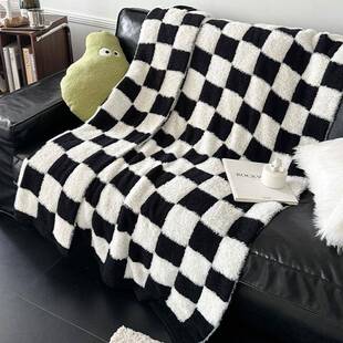 撸猫感半边绒毛毯被复古黑白麻花办公室午睡沙发盖毯四季通用