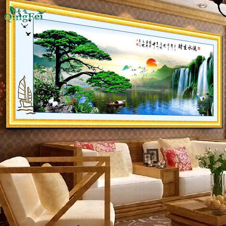 青飞精准印布流水生财财源滚滚十字绣迎客松聚宝盆客厅卧室挂画