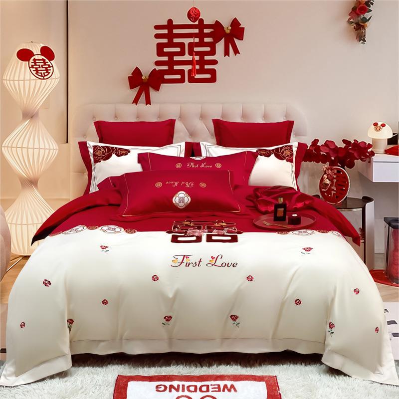100支长绒棉轻奢刺绣婚庆四件套床上用品结婚四件套红色床单被套