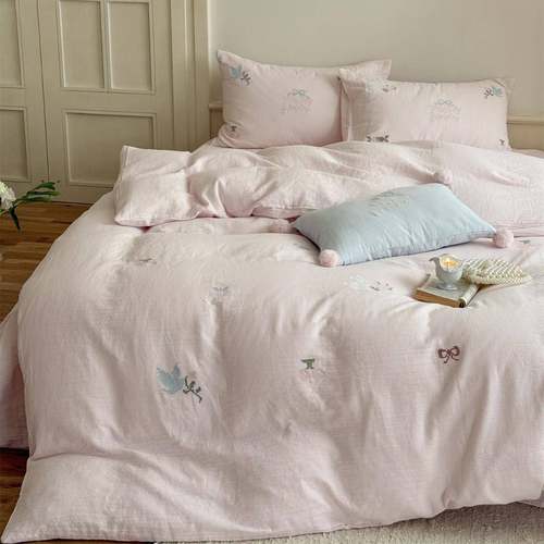 少女粉可爱刺绣超柔亲肤单双人床品纯棉皱皱双层纱三四件套家纺