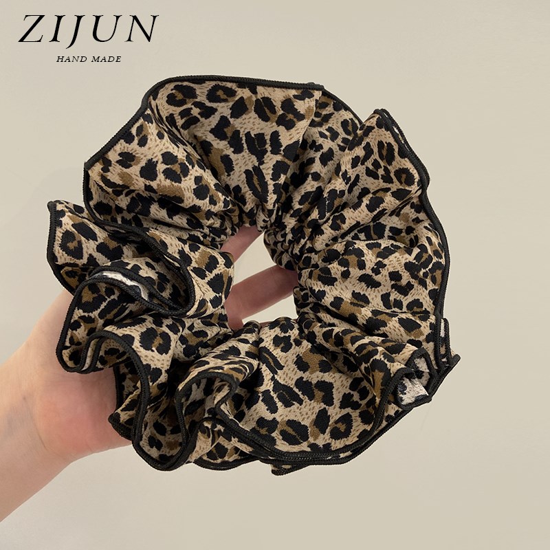 复古头绳4层超大号豹纹大肠发圈C女高级感木耳边气质缎面扎头发绳