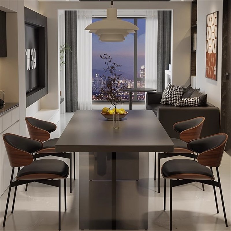 简约现代亚克力下挂黑色岩板悬浮餐桌椅组合小户型长方形复古风桌