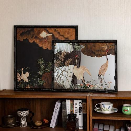 新中式复古花鸟镜子画电视柜沙发背景卧室家装高级感挂画装饰画