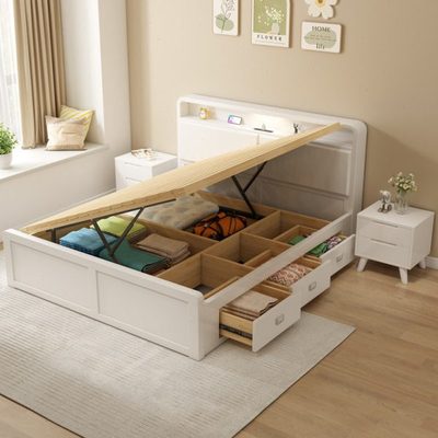 全实木白色主卧抽屉气压侧开高箱收纳床1.2m至1.8米小户型储物床