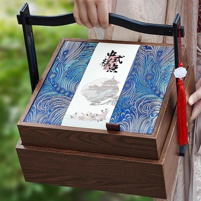 高档双层提篮中式点心糕点礼品包装盒 中L秋节月饼茶叶礼盒空盒子