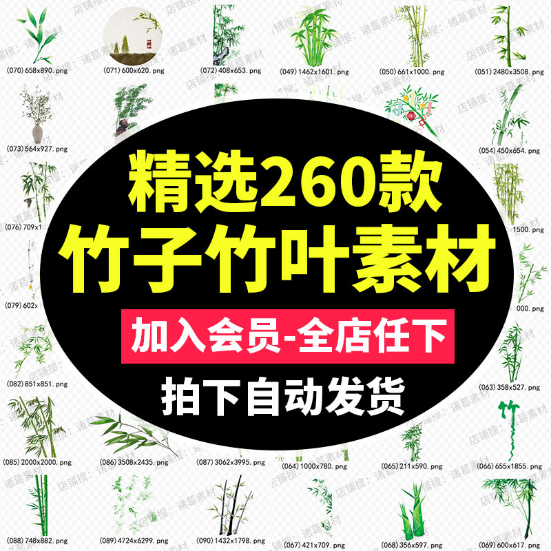 中国风卡通手绘绿色竹子水墨竹叶竹节PNG透明海报背景免扣ps素材