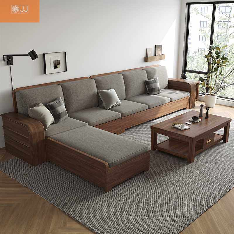 新中式高箱储物转角贵妃冬夏两用现代简约南美黑胡桃木全实木沙发
