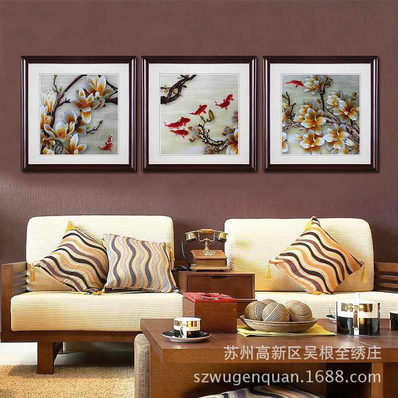 苏绣成品挂画客厅书房带框装饰画苏州手工刺绣画玉兰三联幅礼品