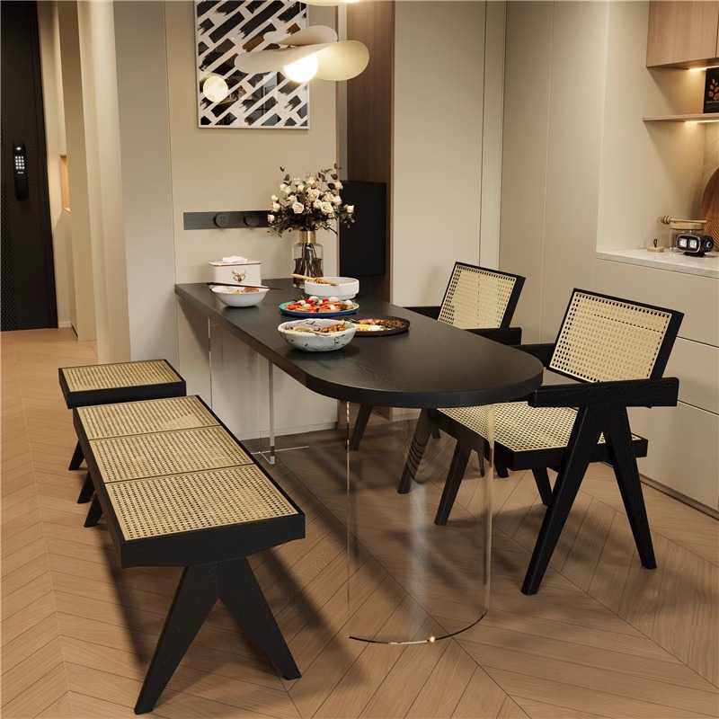 小户型实木餐桌椅组合桌家用黑色半弧形椭圆饭桌亚克力悬浮长条桌