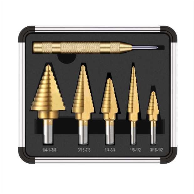 六件套铝盒装钢板打孔器英制6pc三角孔扩孔宝塔钻头台阶梯钻