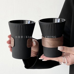 高颜值简约曜黑挂耳咖啡r杯防烫茶杯磨砂玻璃杯拿铁杯家用喝水杯
