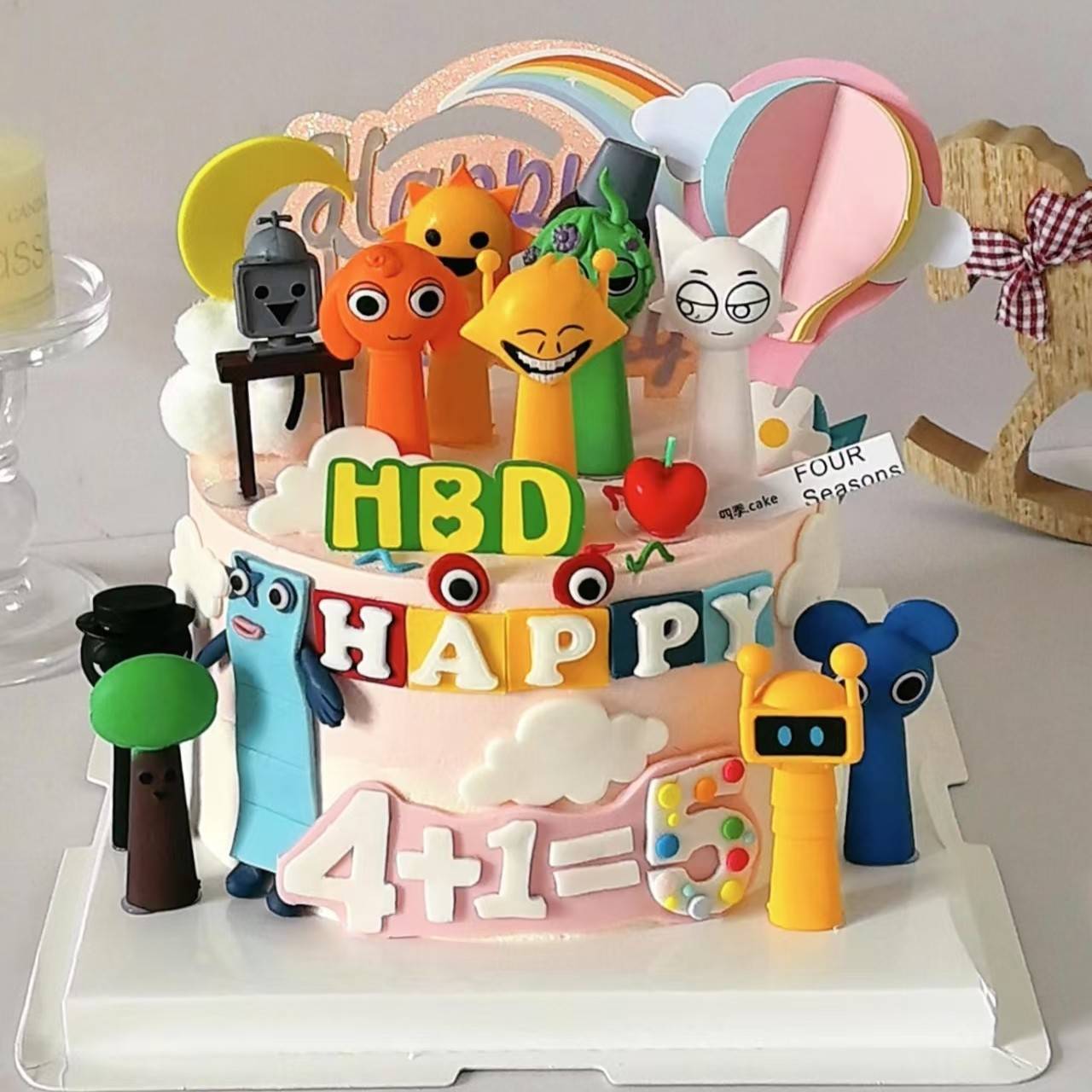 网红节奏盒子蛋糕装饰男孩儿童卡通蜡烛蛋糕装饰摆件彩虹云朵插件