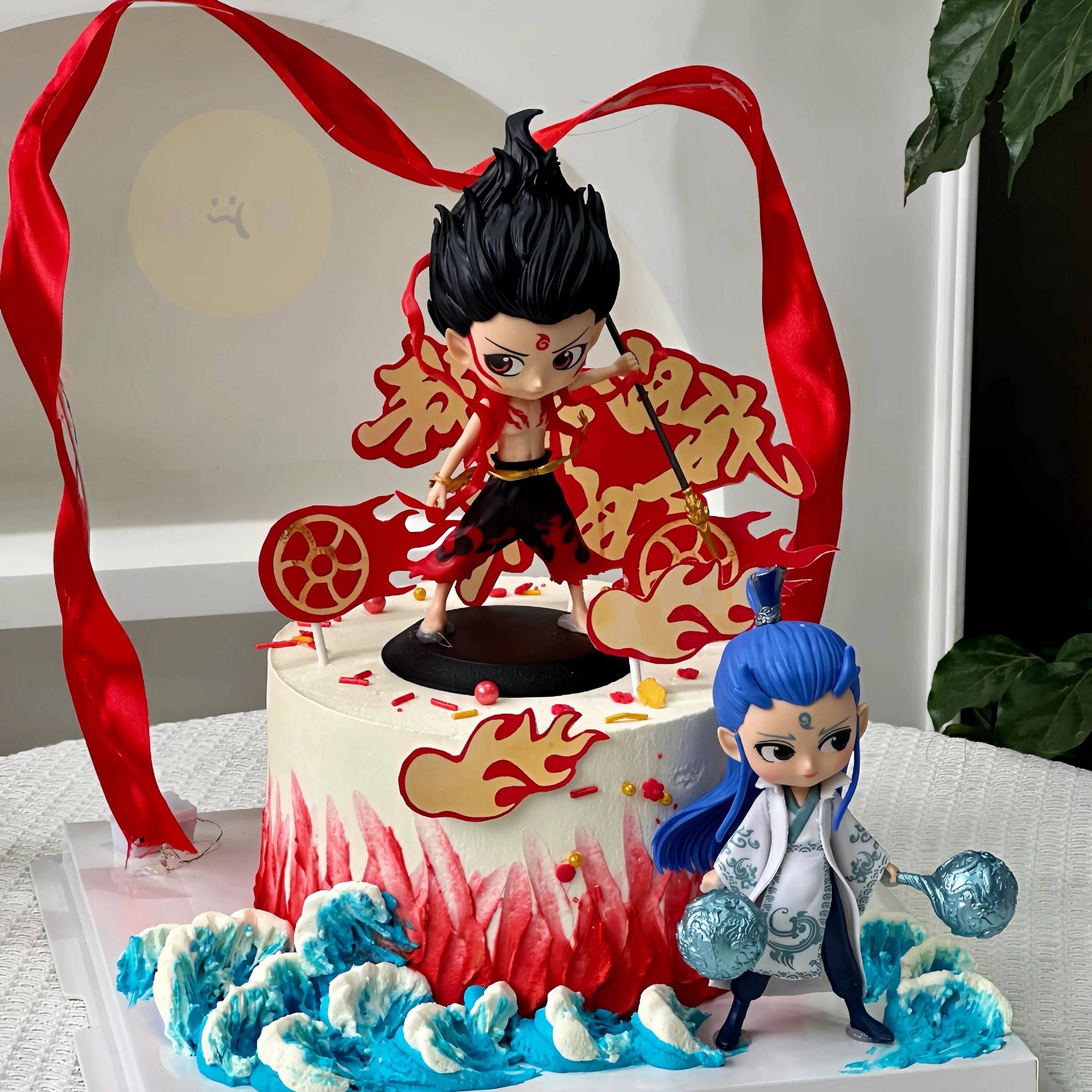 网红哪咤敖丙人物蛋糕装饰摆饰风火轮红色混天绫儿童男孩生日插件