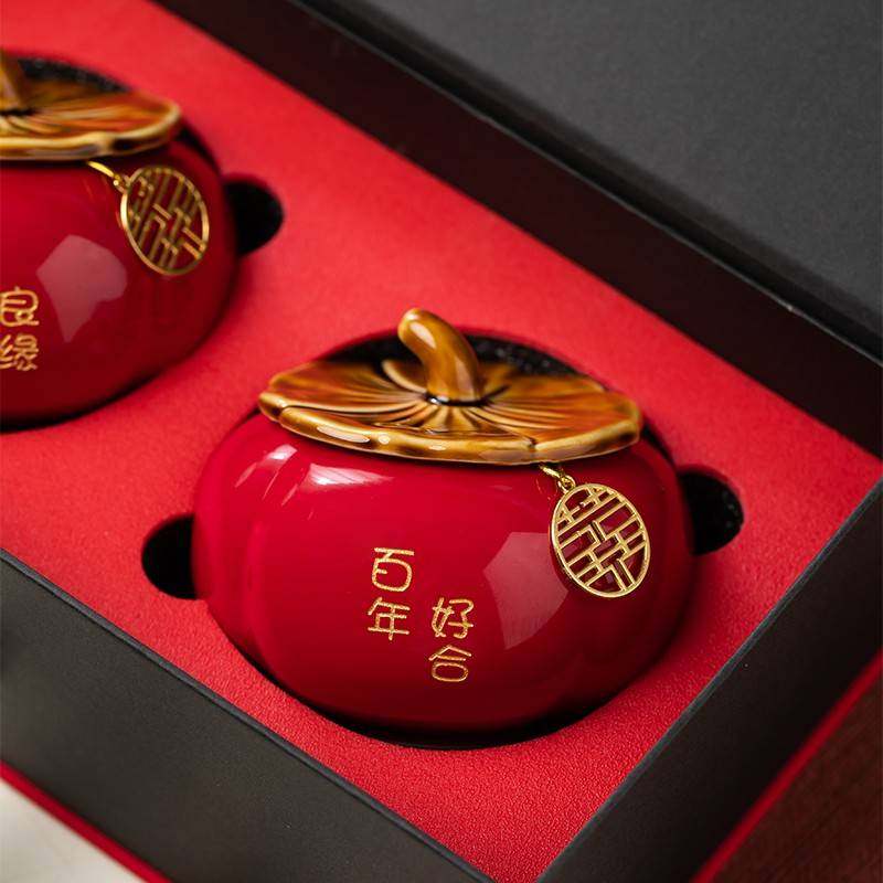 柿子喜糖盒糖罐结婚一对陶瓷罐送朋友订婚桌面摆件伴手礼节日礼品