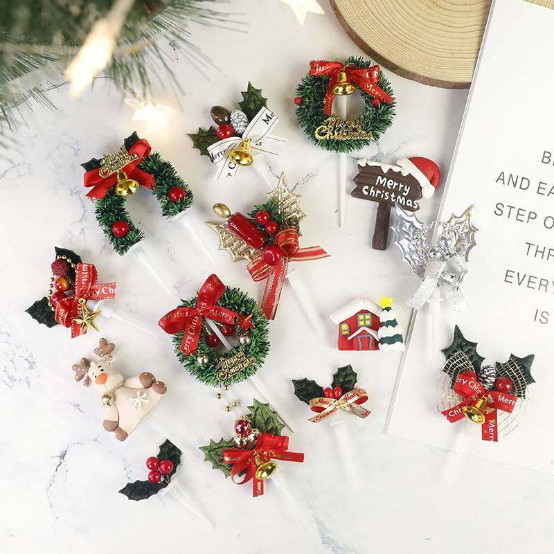 烘焙蛋糕装饰摆件网红圣诞节插牌网红圣诞树礼物花环铃铛草圈插件