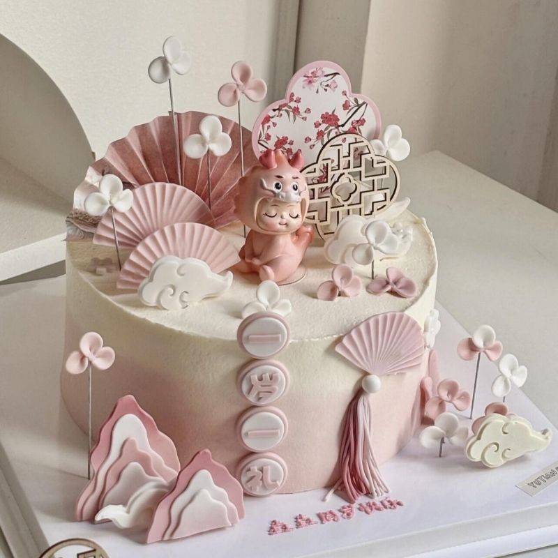 新中式国风龙宝宝蛋糕装饰插件男孩女孩周岁礼宴会甜品装扮摆件