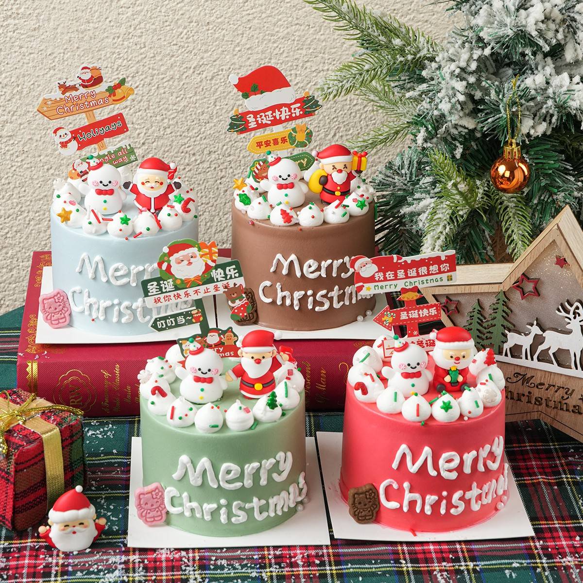2026圣诞节快乐蛋糕装饰摆件圣诞老人雪人平安夜路牌甜品烘焙插件