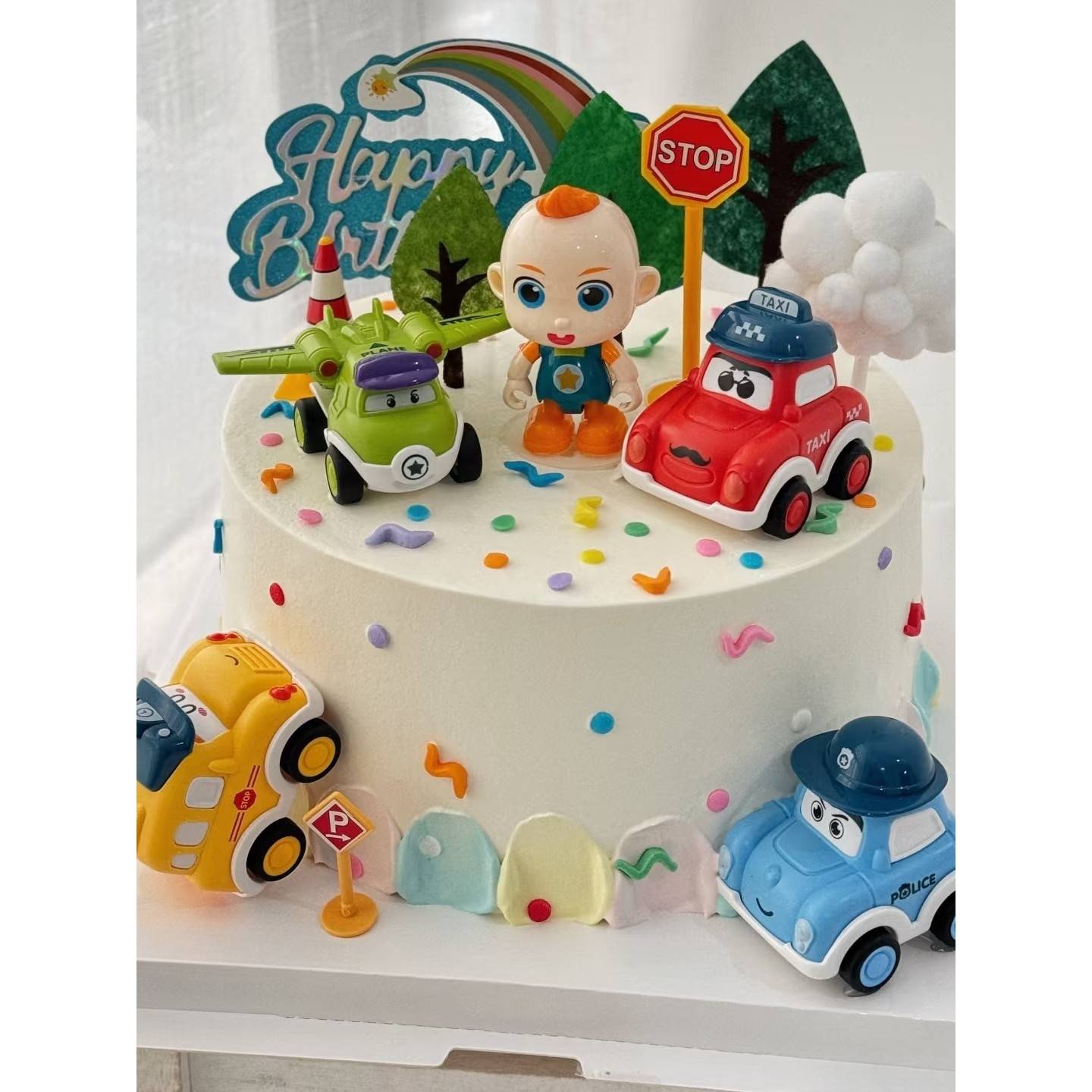超级jj宝贝蛋糕装饰赳赳小汽车摆件绿树气球串彩虹HB生日甜品插件