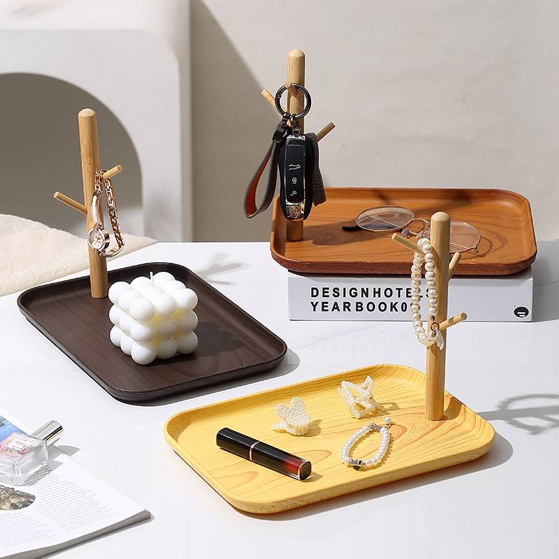原木风门口钥匙收纳盒摆件塑料桌面玄关鞋柜置物架创意钥匙收纳盘