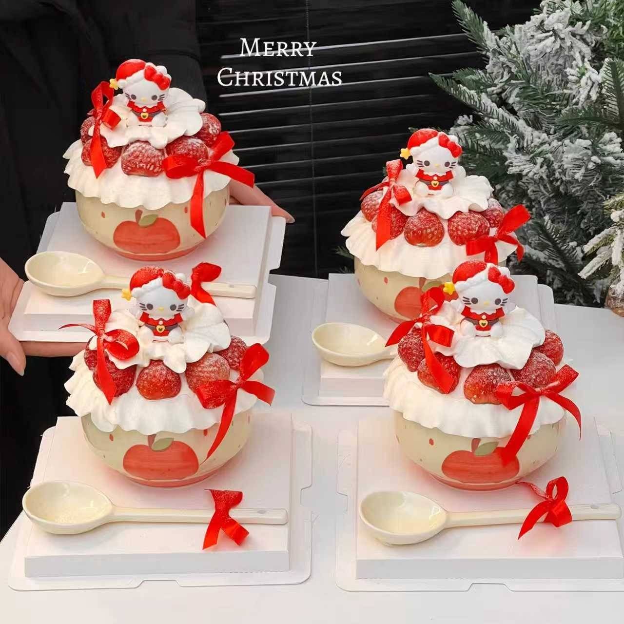 网红圣诞节新年草莓碗蝴蝶结KT猫蛋糕装饰摆件苹果小狗陶瓷碗装扮