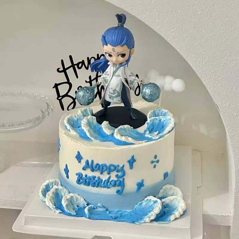 网红敖丙蛋糕装饰品摆件男孩生日蓝色系海浪魔童哪吒闹海插件插牌