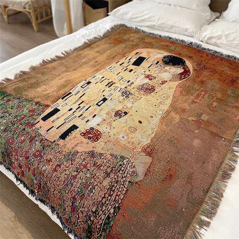 世界名画复古油画风线毯休闲毯沙发巾挂布盖布地毯桌布床尾毯披毯